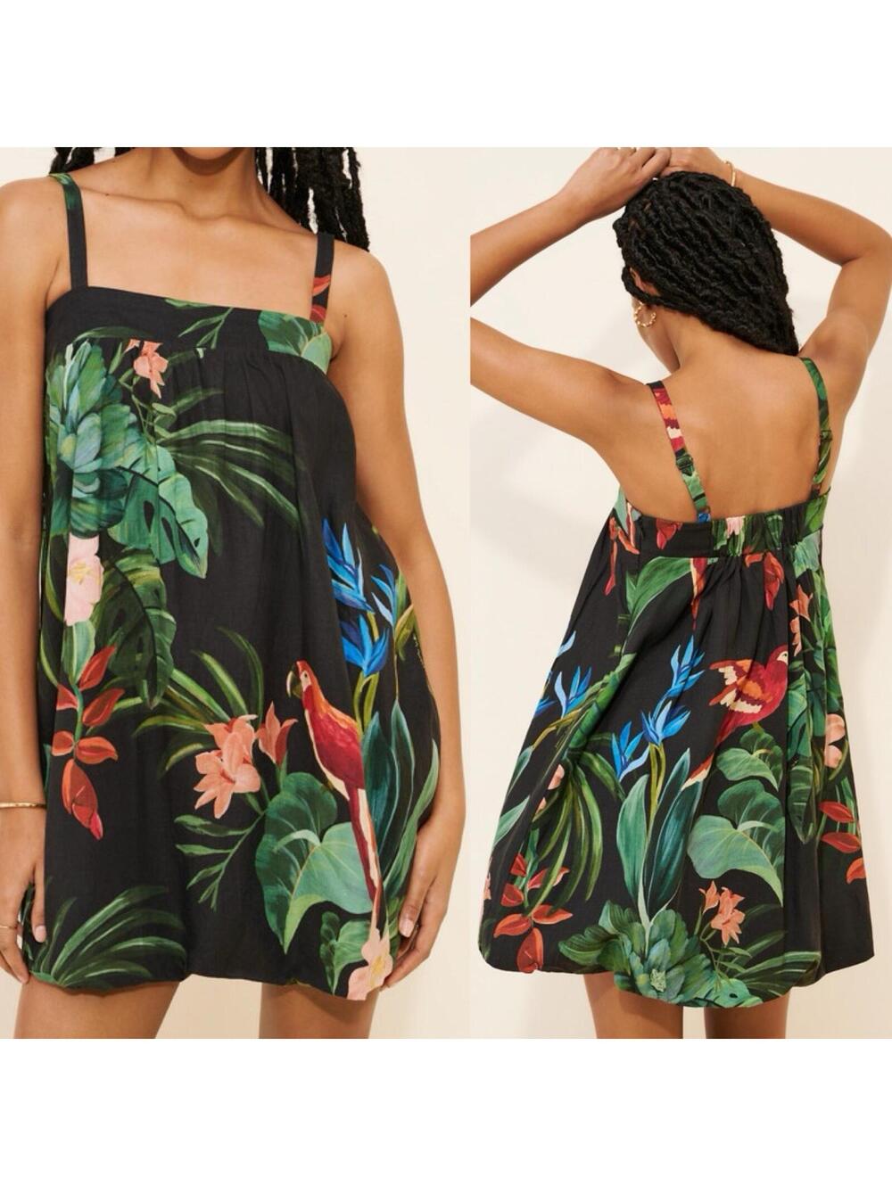 (FLAW) Farm Rio Midnight Macaw Fiesta Linen Blend Mini Dress SM (BROKEN ZIPPER)